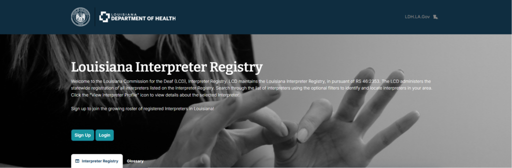 Photo of the Louisiana Interpreter Registry website homepage